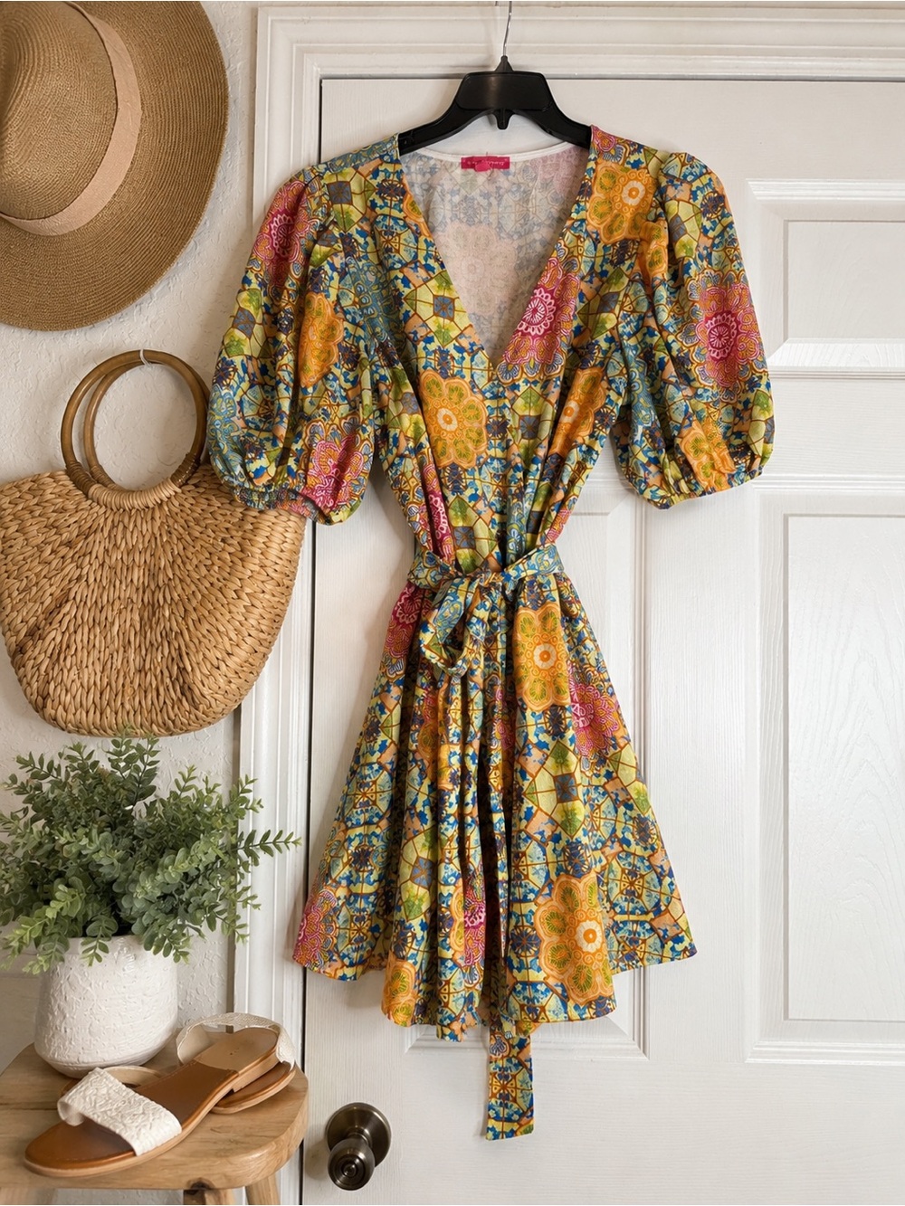 Flying Tomato Yellow & Pink Floral Geometric Puff-Sleeve Wrap Mini Dress